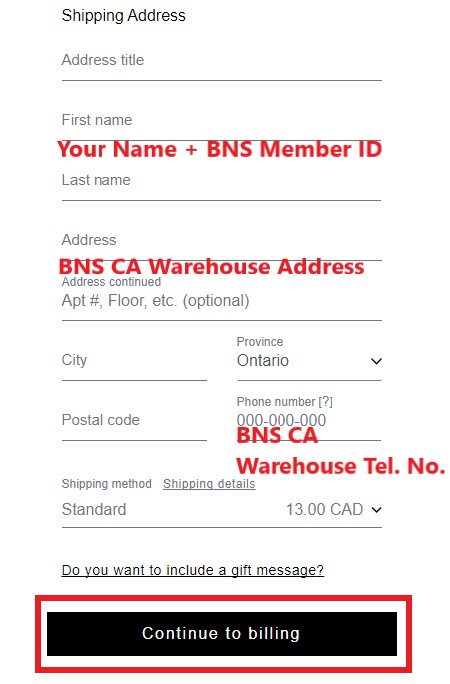 Guess Factory CA Shopping Tutorial 7: enter BNS CA warehouse address