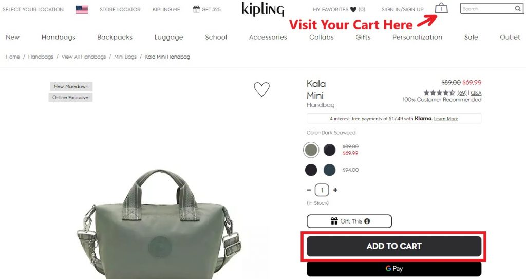 Kipling US Shopping Tutorial 4: add to cart
