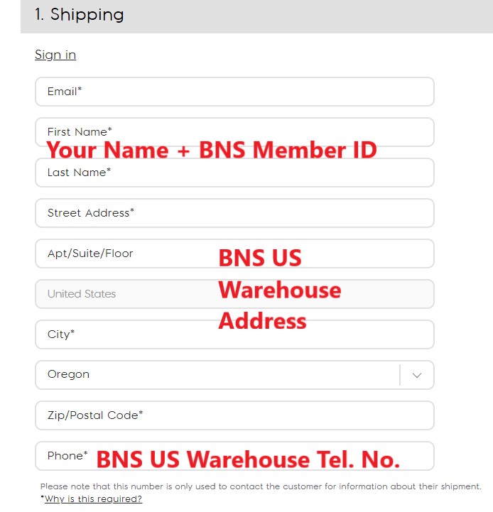 Kipling US Shopping Tutorial 6: enter BNS US warehouse address