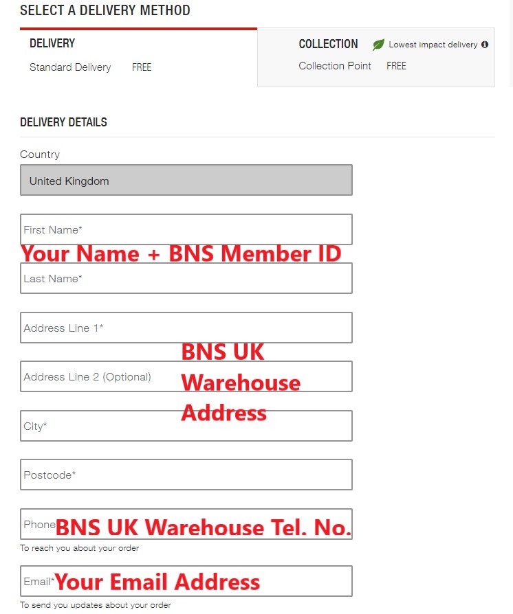 The North Face UK Shopping Tutorial 6: enter BNS UK warehouse address