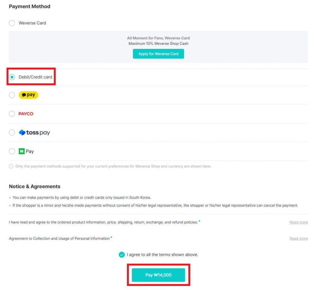 Weverse KR Shopping Tutorial 12: choose payment
