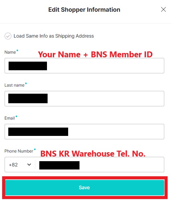 Weverse KR Shopping Tutorial 9: enter BNS KR contact number. name with member ID