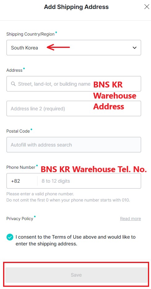 Weverse KR Shopping Tutorial 10: enter BNS Korea warehouse address as shipping