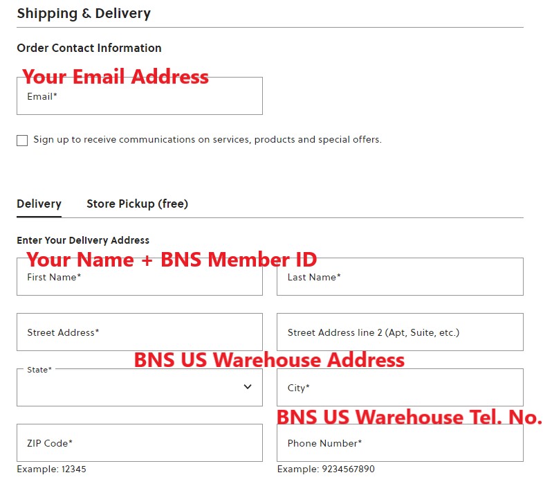 Fossil US Shopping Tutorial 6: enter BNS US warehouse address