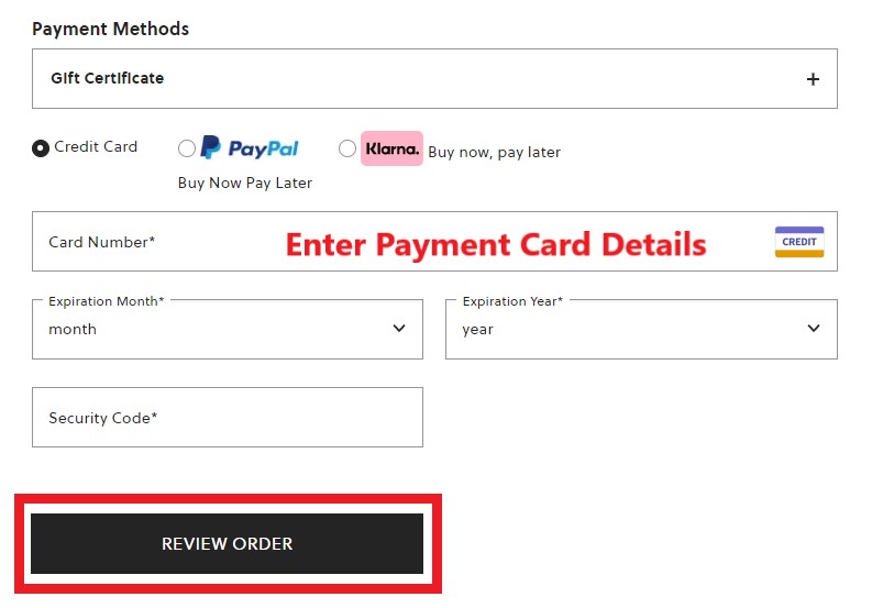 Fossil US Shopping Tutorial 8: choose payment method and enter payment details