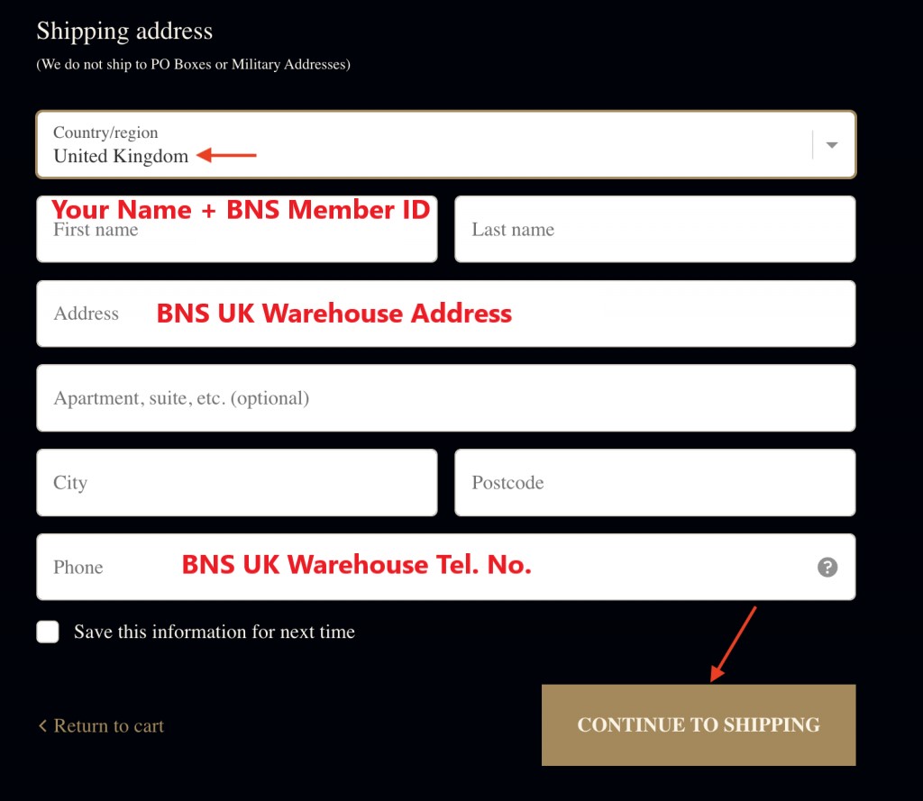 Harry Potter UK Shopping Tutorial 8: enter BNS UK warehouse address
