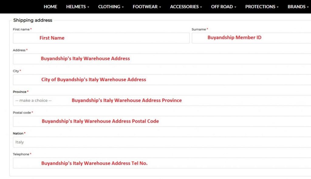 Motobeat IT Shopping Tutorial 8: enter BNS Italy warehouse address