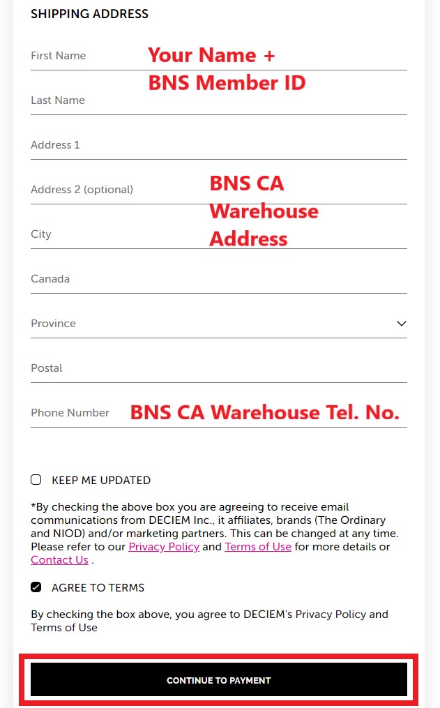 The Ordinary CA Shopping Tutorial 7: enter BNS CA warehouse address