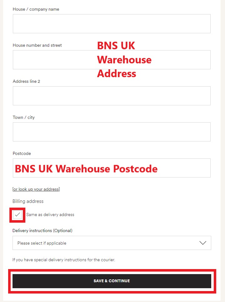 Boden UK Shopping Tutorial 8: enter BNS UK WAREHOUSE ADDRESS