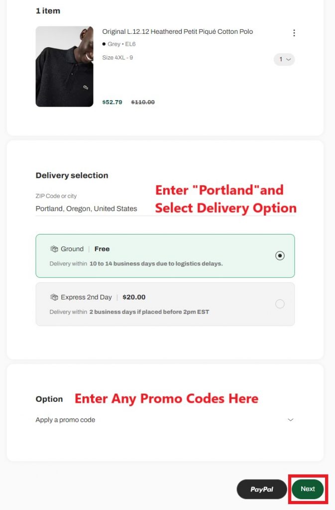 Lacoste US Shopping Tutorial 5: select delivery option
