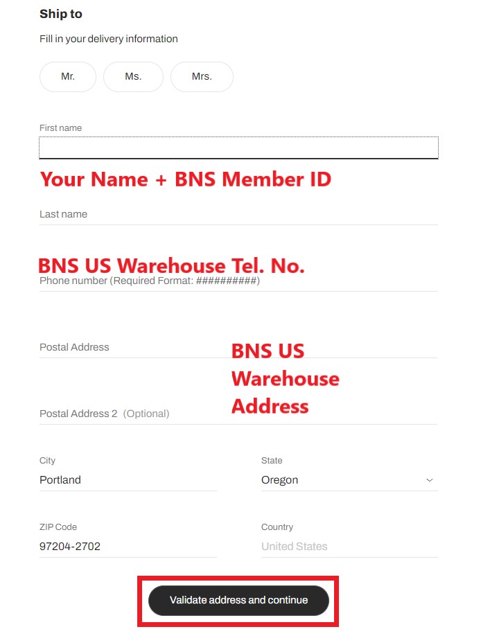 Lacoste US Shopping Tutorial 7: enter BNS US warehouse address