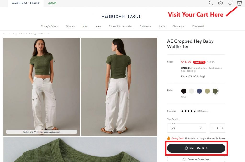 American Eagle US Shopping Tutorial 4: add to cart
