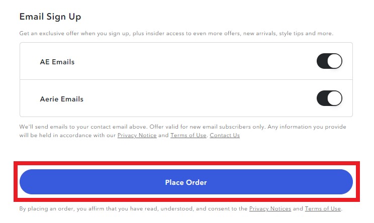 American Eagle US Shopping Tutorial 9: place order