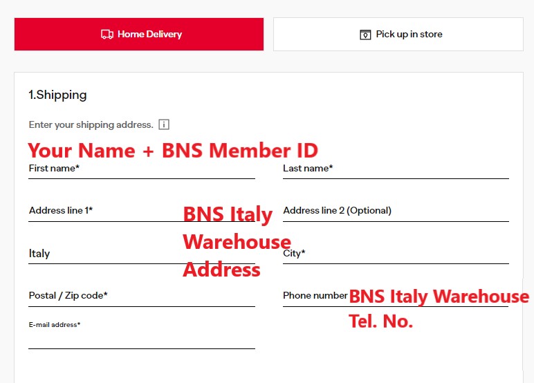 Diesel Italy Shopping Tutorial 7: enter Buyandship Italy warehouse address as shipping address