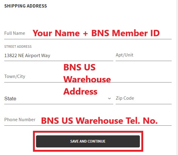 GAP US Shopping Tutorial 6: enter BNS US warehouse address