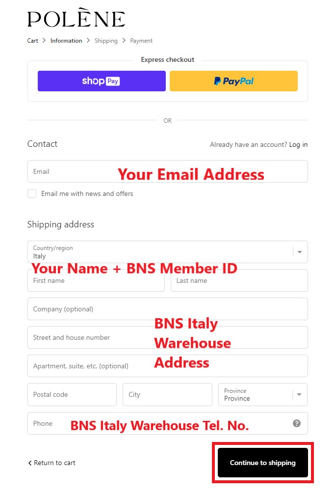Polène Paris Shopping Tutorial 6: enter BNS ITALY WAREHOUSE ADDRESS