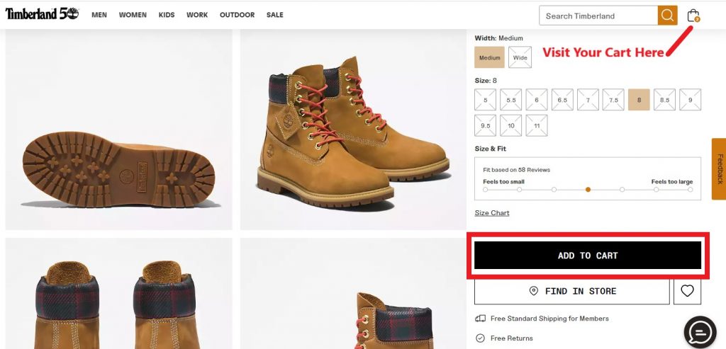 Timberland US Shopping Tutorial 4: add to cart