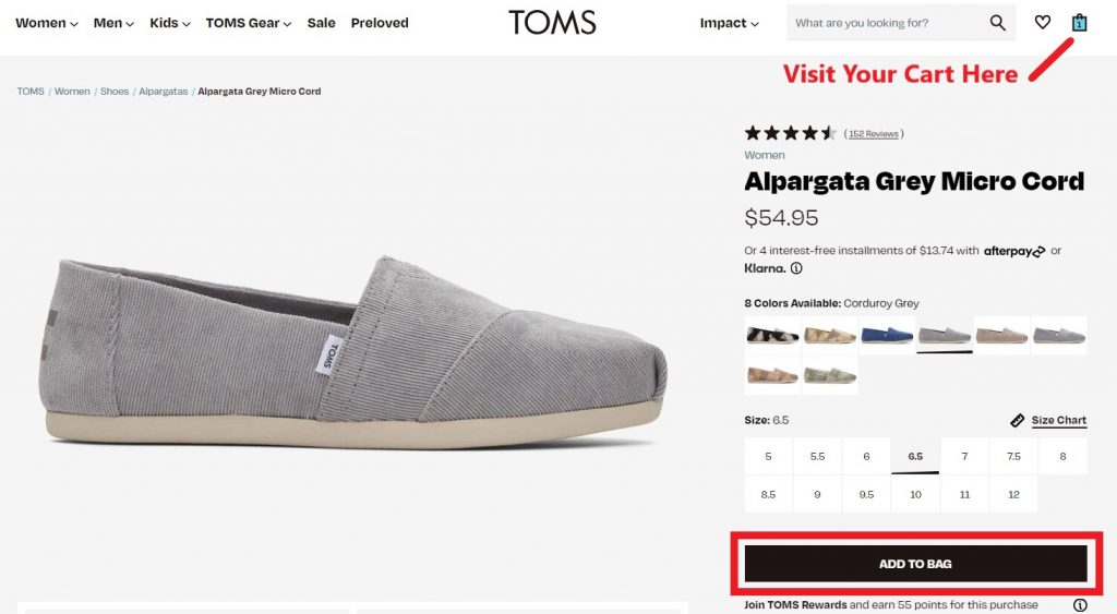 TOMS US Shopping Tutorial 4: add to cart