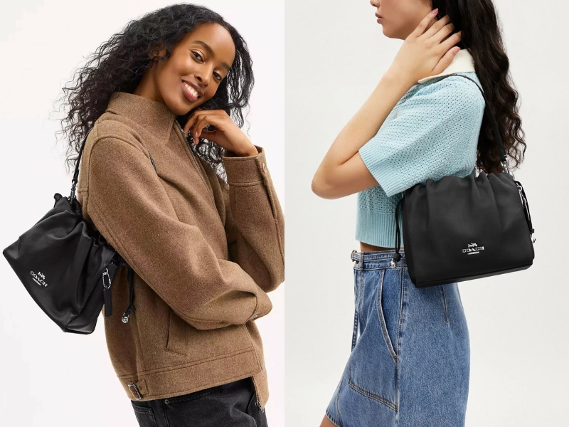 COACH OUTLET Faye drawstring leather shoulder bag in black
