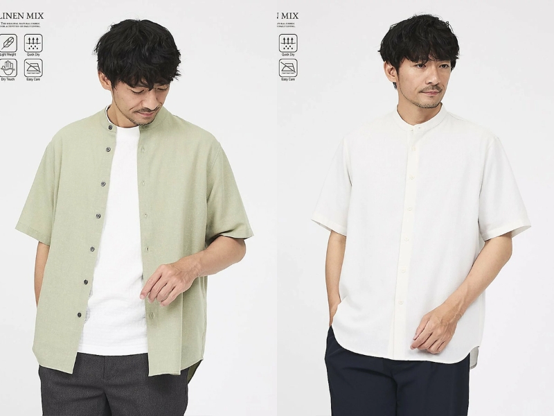 ABAHOUSE easy-care linen-blend band-collar half-sleeve shirt in moss green