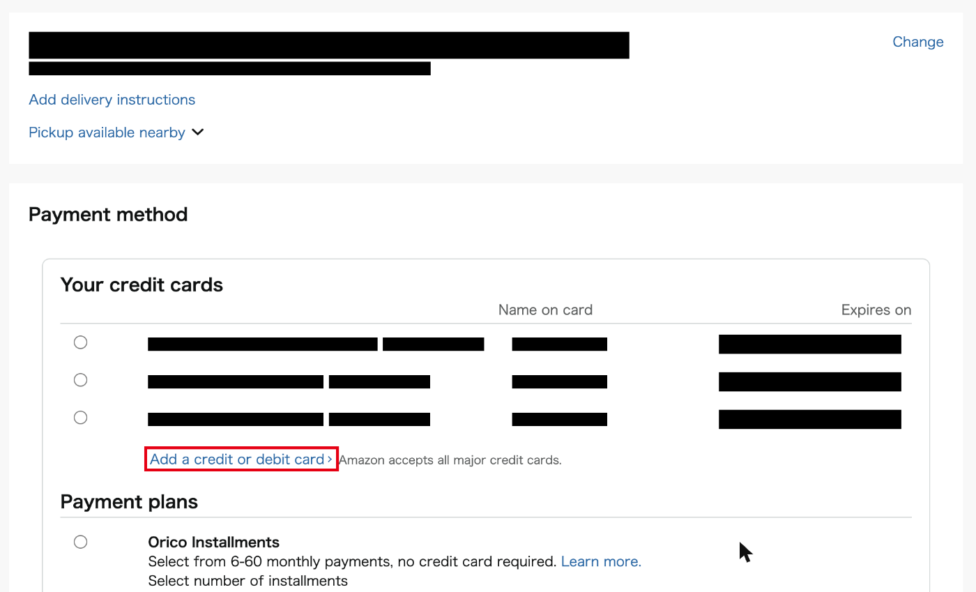 Amazon Japan payment page with Add a credit or debit card highlighted