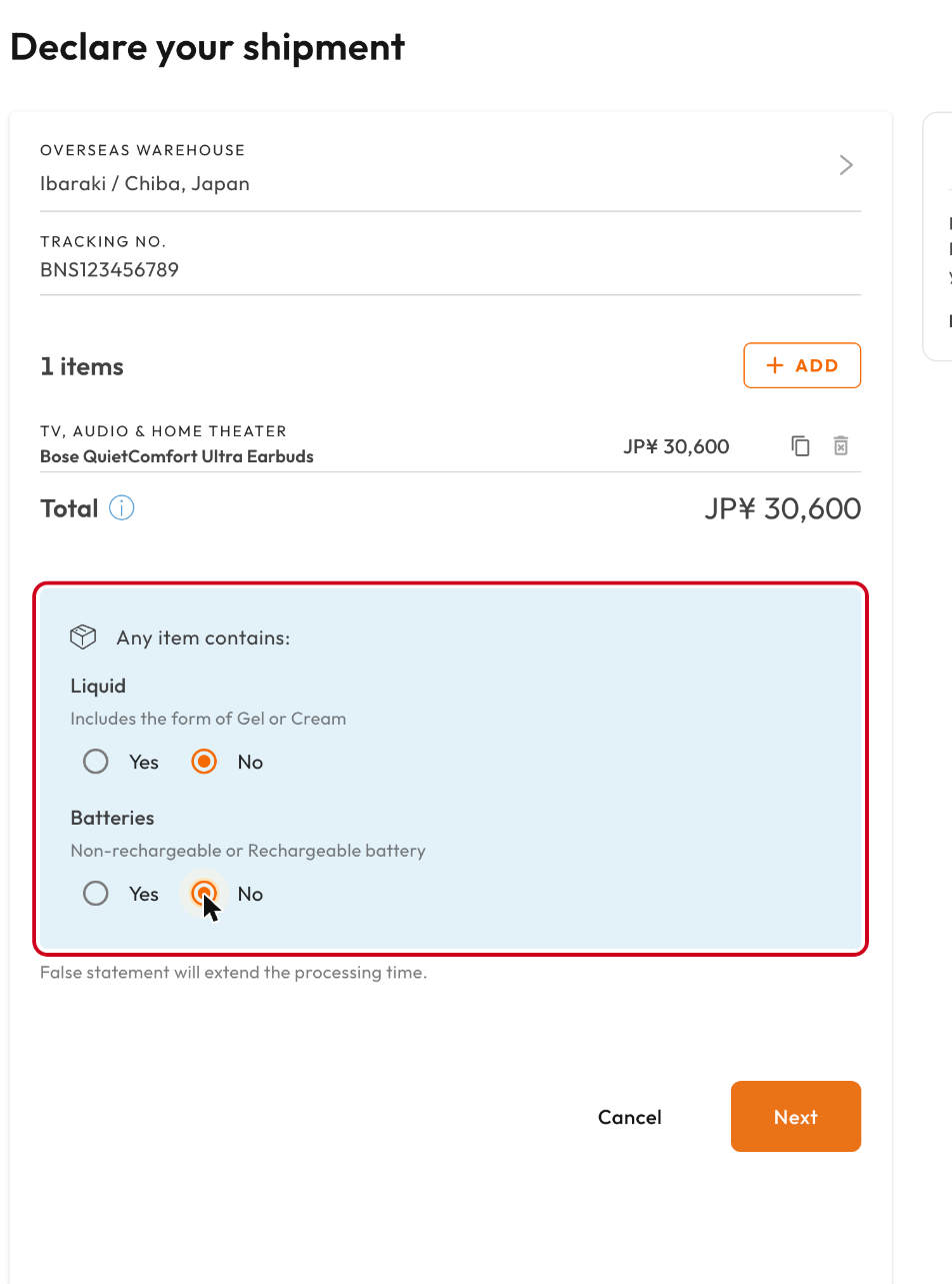 Liquid and batteries questions with No selected before clicking Next