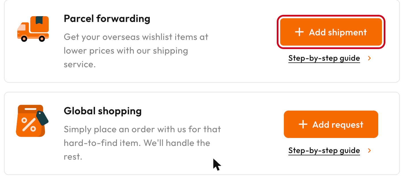 Buy&Ship Member Centre with the Add shipment button highlighted