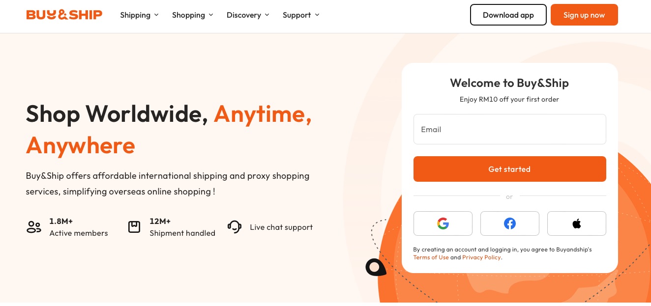 Buy&Ship Malaysia homepage sign-up form: enter your email or continue with Google, Facebook or Apple