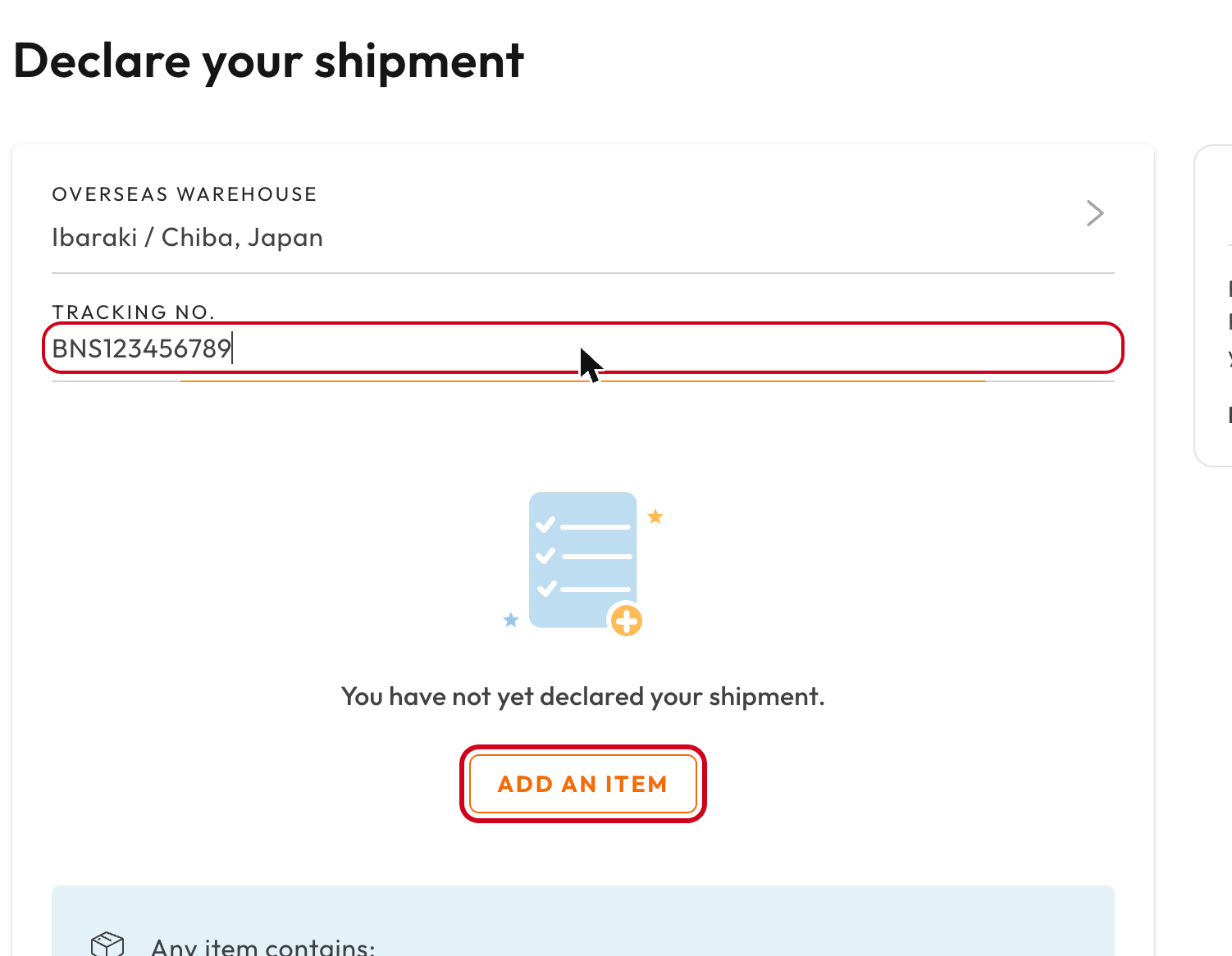 Declare your shipment form with the tracking number filled in and the Add an item button highlighted