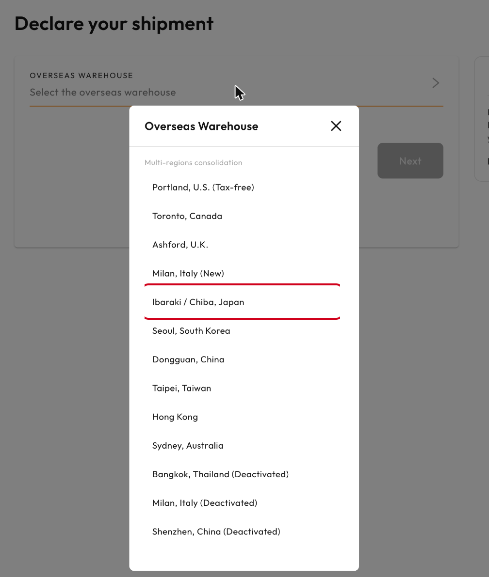 Overseas warehouse list with Ibaraki / Chiba, Japan highlighted